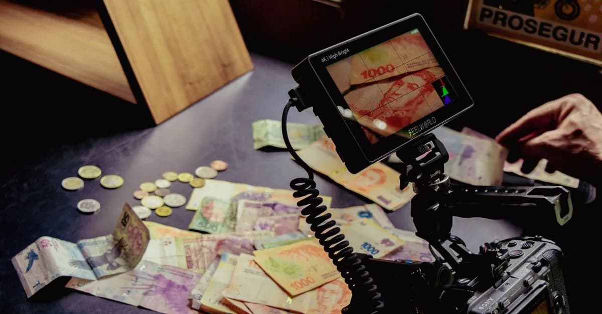 Film setup on table with mixed currency notes and coins, artistic shot.