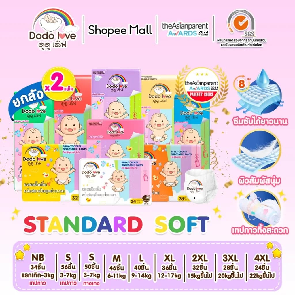 [ Specials ] ยกลัง 2แพ็ค DODOLOVE Standard Soft กางเกงผ้าอ้อม ผ้าอ้อม Size NB-4XL นุ่ม บางเบา ใส่สบาย มีโลเทปม้วนทิ้ง