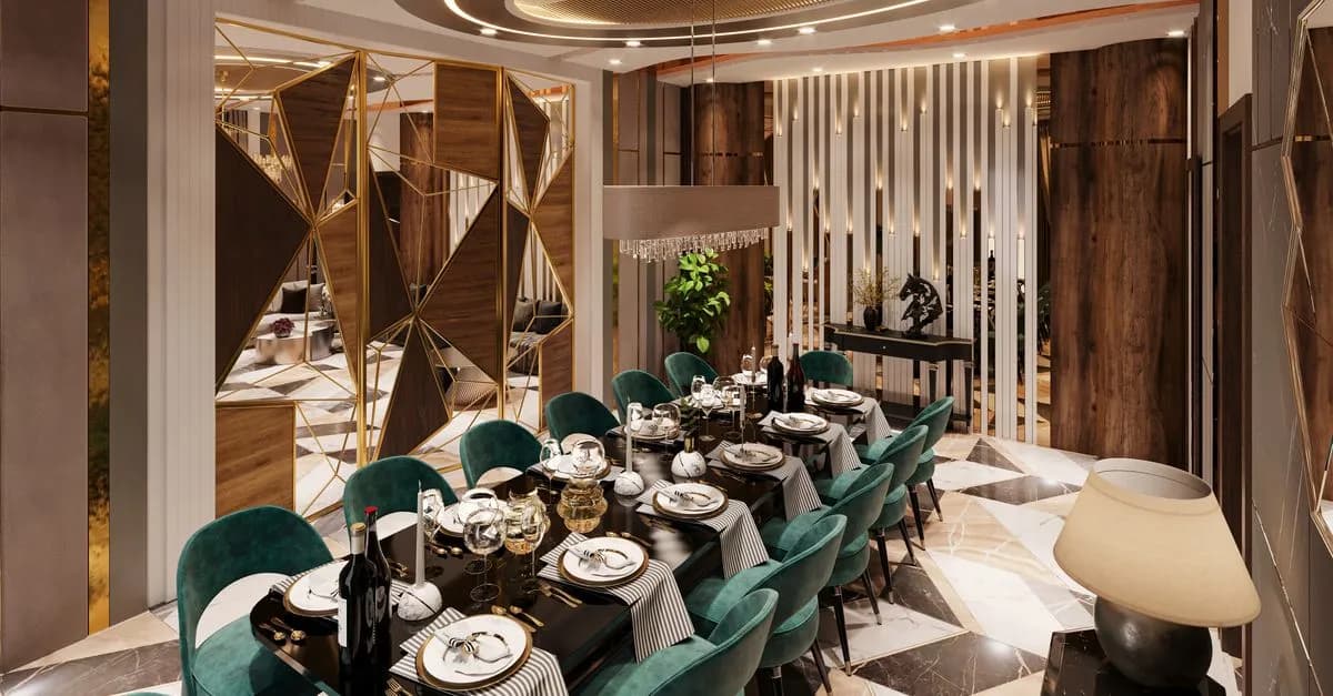 Elegant dining room with modern decor in Lahore, Pakistan with exquisite furnishings.