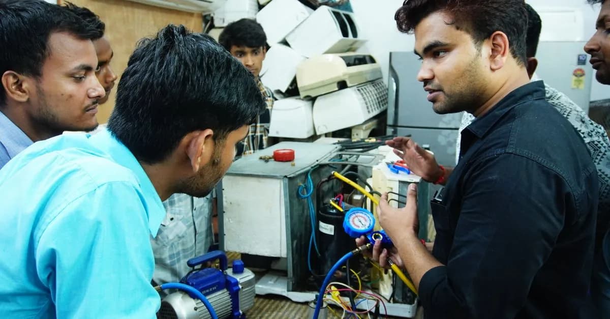 Participants learn AC repair during a hands-on session in Delhi, India.