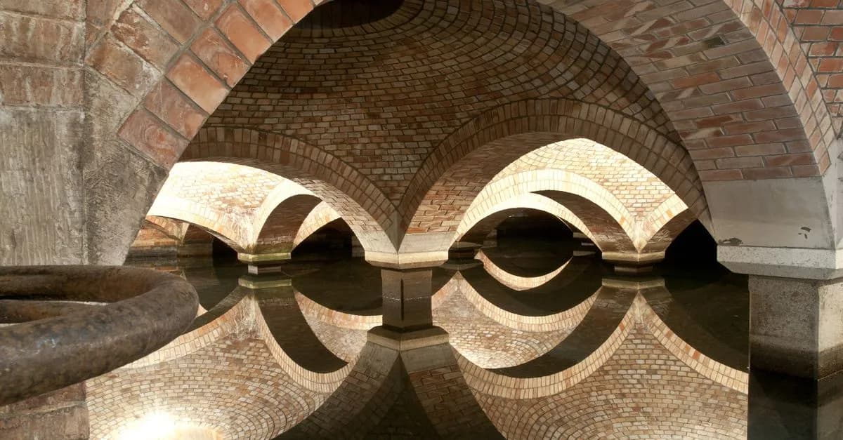 Captivating view of symmetrical brick arches reflecting in water inside an underground chamber.