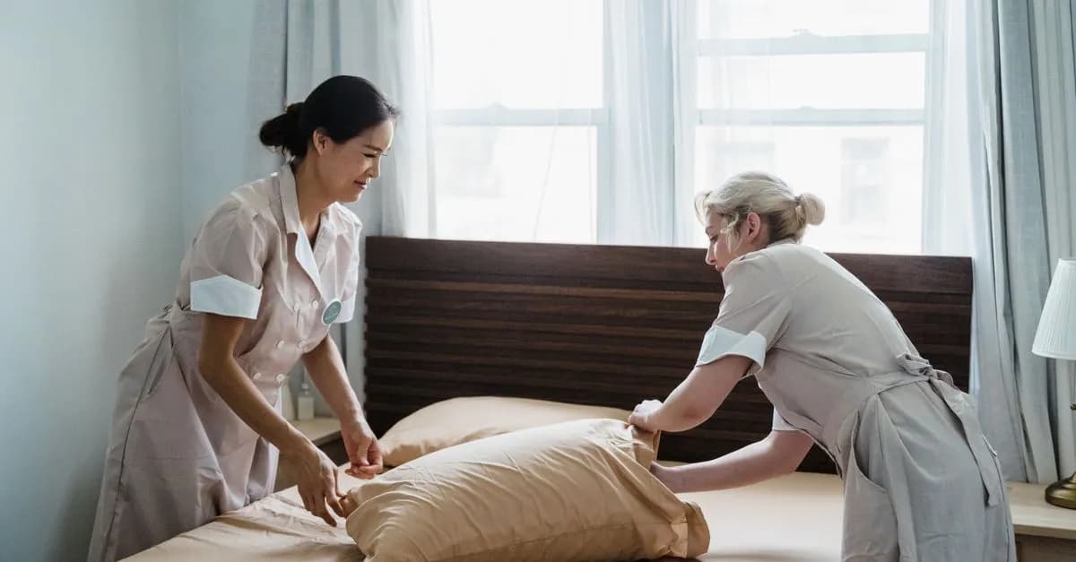 Two housekeepers in uniform collaborate while making a bed in a bright, peaceful bedroom.